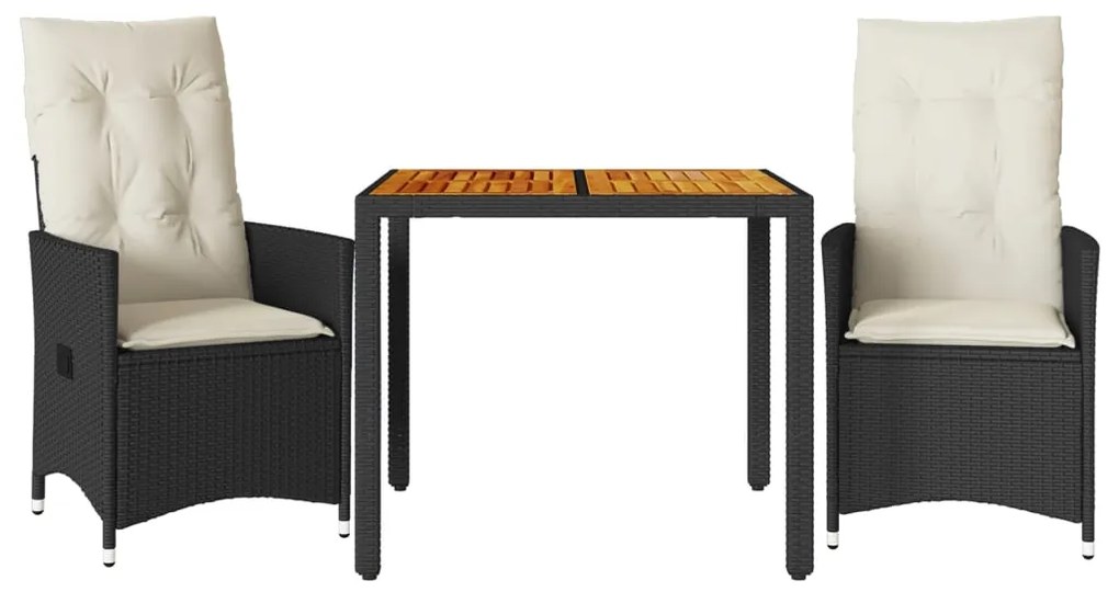 Set da bistrò 3 pz con cuscini nero polyrattan e legno acacia