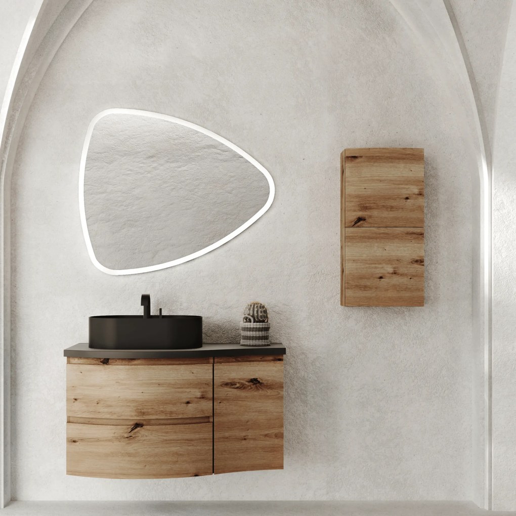 Mobile Bagno Sospeso Curvo 105 Cm Due Cassetti Un Anta Specchio Con Illuminazione Led 85x100 Cm Savini Due "Dolce Vita" Rovere Oro/Grigio