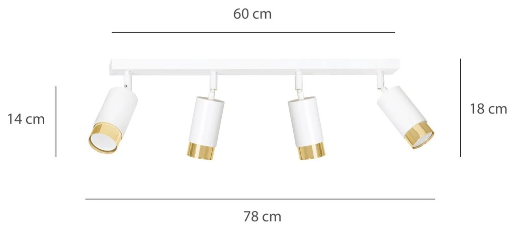 Plafoniera 4 Luci A Faretti Orientabili A Cilindro In Acciaio Bianco E Oro