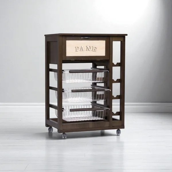 Carrello portafrutta con portapane e portabottiglie Noce