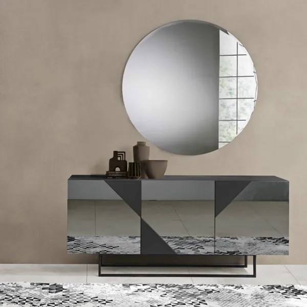Madia credenza 3 ante in vetro specchio Fum cassa Antracite ARTE 180 con piedini sagomati