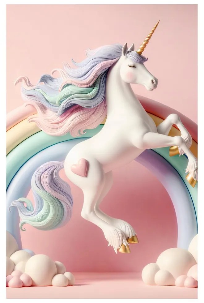 Quadro su tela – Mondo rosa con unicorno e arcobaleno