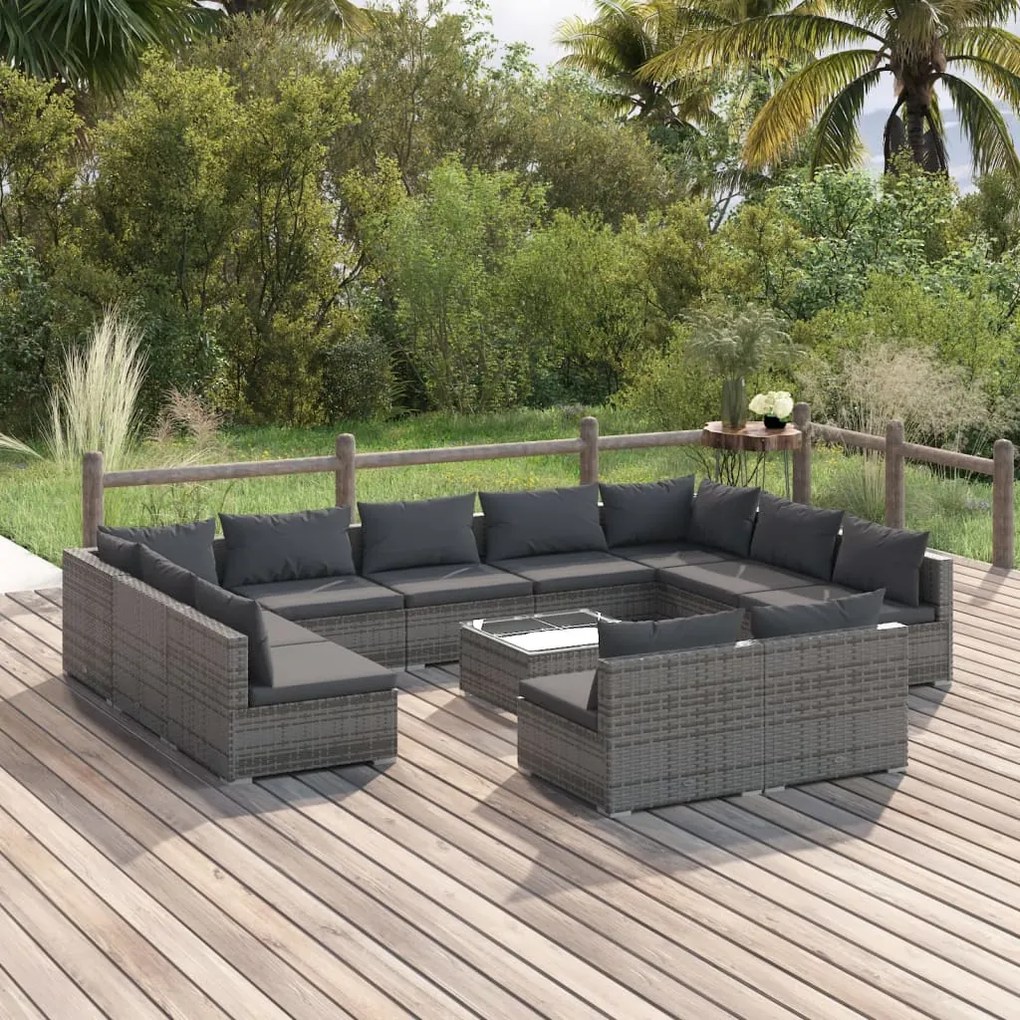 Set Divani da Giardino 12 pz con Cuscini in Polyrattan Grigio