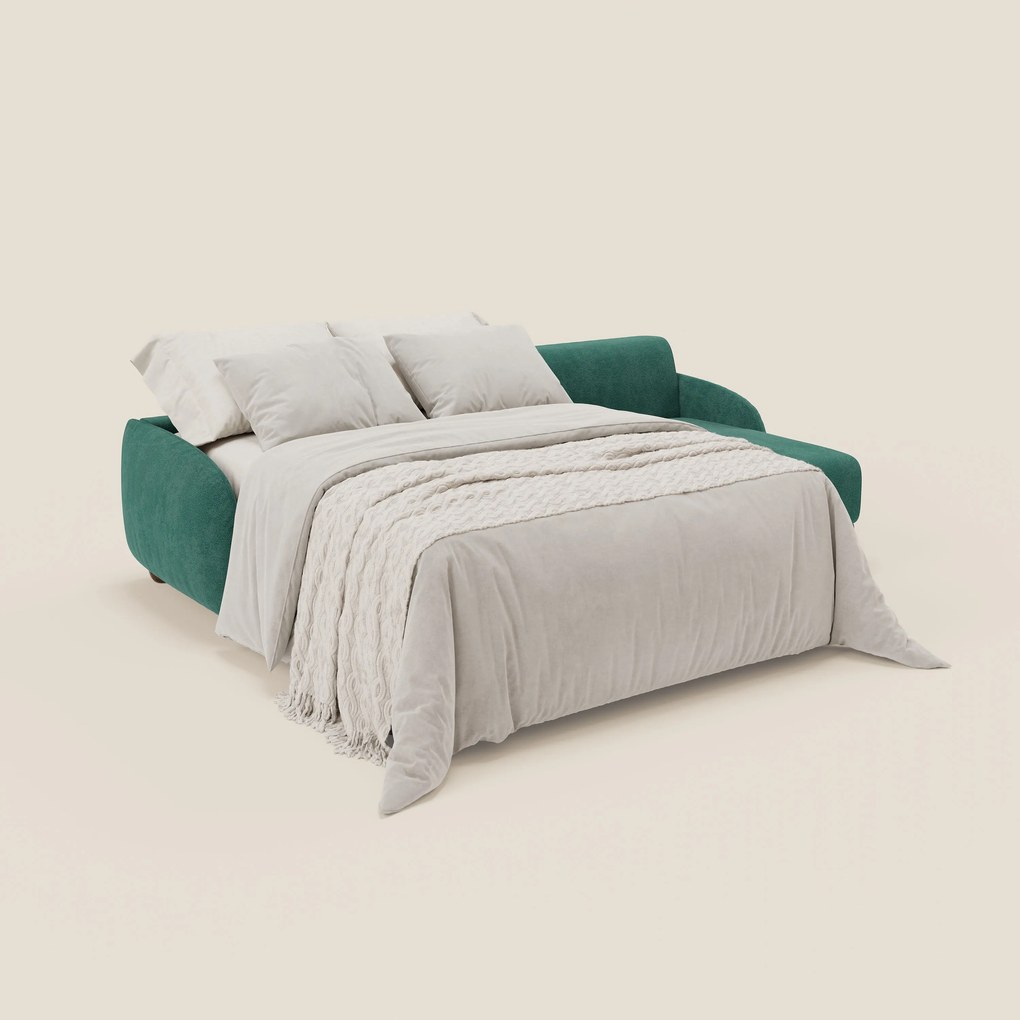 Giglio divano letto angolare con materasso alto 18 cm e penisola contenitore in morbido bouclé impermeabile T07 verde