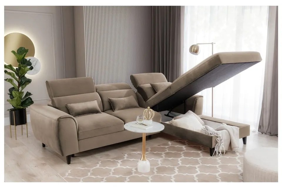 Divano angolare marrone chiaro allungabile/con contenitore (con penisola a destra/con chaise lounge) e rivestimento in velluto Foble – ELTAP