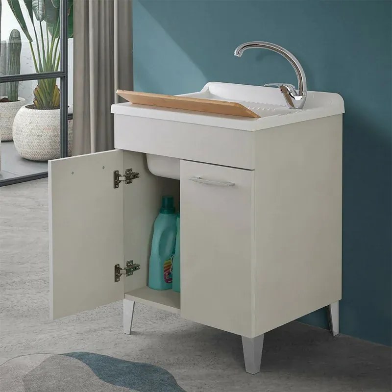 Mobile lavatoio 60x50 cm grigio calce vasca in resina e kit di scarico Moon