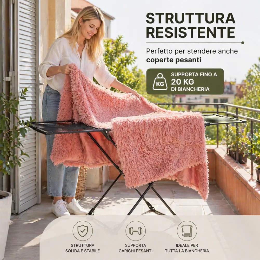 Stendibiancheria Allungabile 108-182 cm Stendino Salvaspazio Capacità 20 kg Estensibile in Ferro e PP Nero...