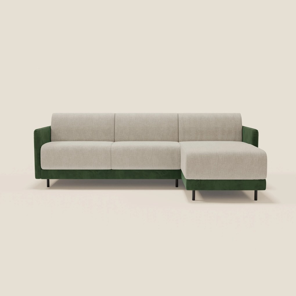 Narciso divano letto angolare con materasso alto 18 cm e penisola contenitore in tessuto bicolore impermeabile T11 e T06 verde - panna