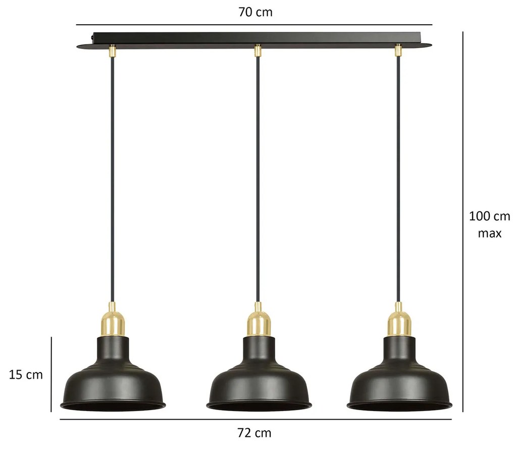 Lampadario Industrial 3 Luci Kubera In Acciaio Nero Con Elementi In Oro
