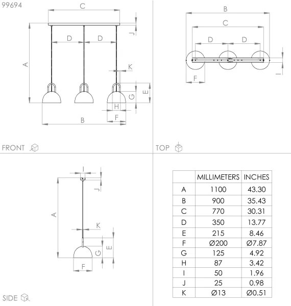 Eglo 99694 - Lampadario su corda CALMANERA 3xE27/40W/230V nero