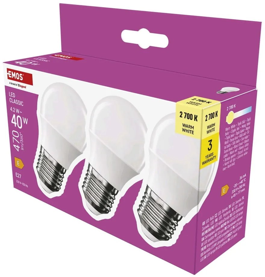 Lampadine LED bianco caldo in set di 3 pezzi E27, 4 W - EMOS