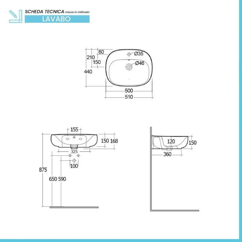Lavabo ovale 50 cm d'appoggio bianco in ceramica Rak Illusion