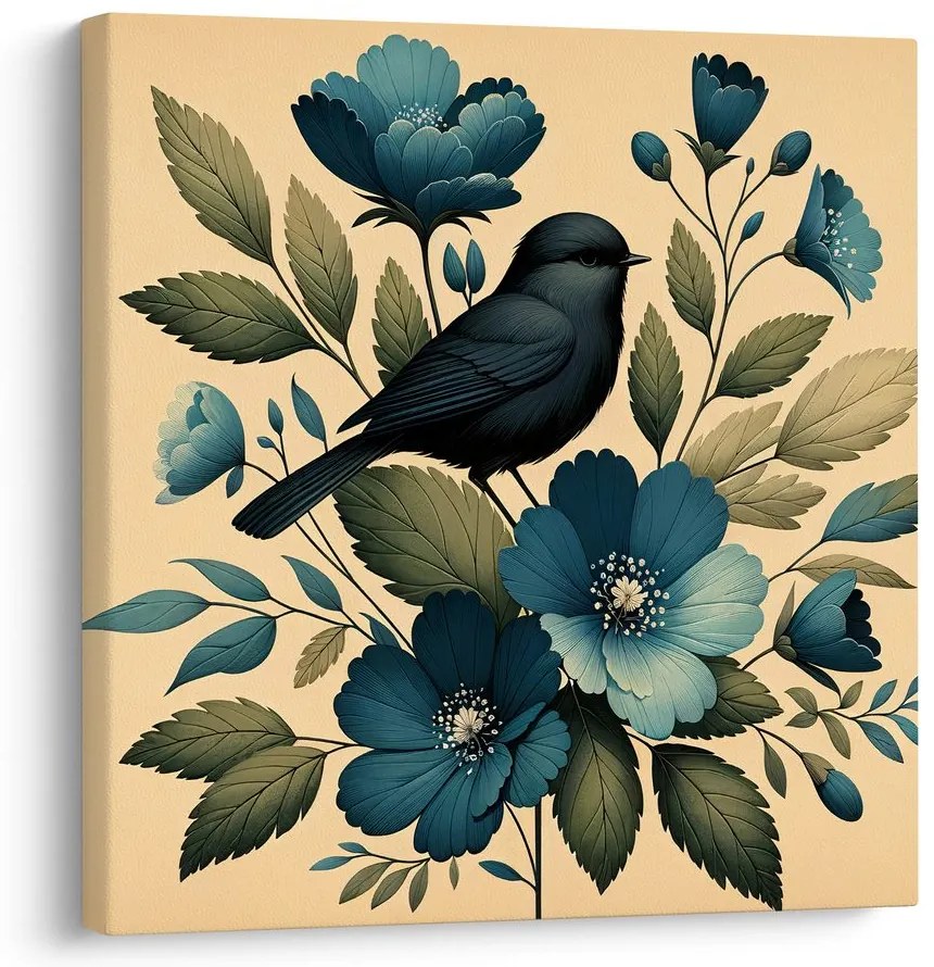 Quadro su tela – Uccellino su ramo con fiori blu