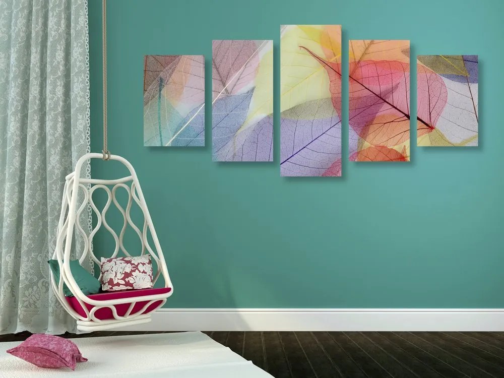 Quadri 5 pezzi – Venature su foglie colorate