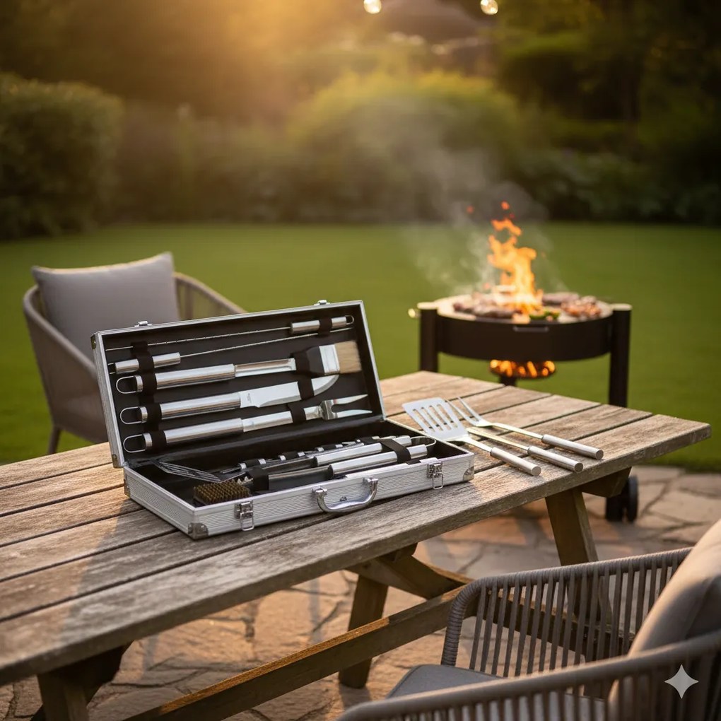 Set Valigetta Accessori per Barbecue Ompagrill in Alluminio da 12 Pezzi in Acciaio Inox...