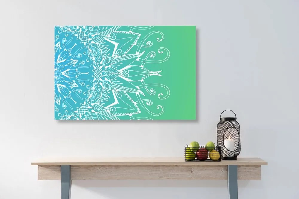 Quadro su tela – Mandala bianco su sfondo verde acqua