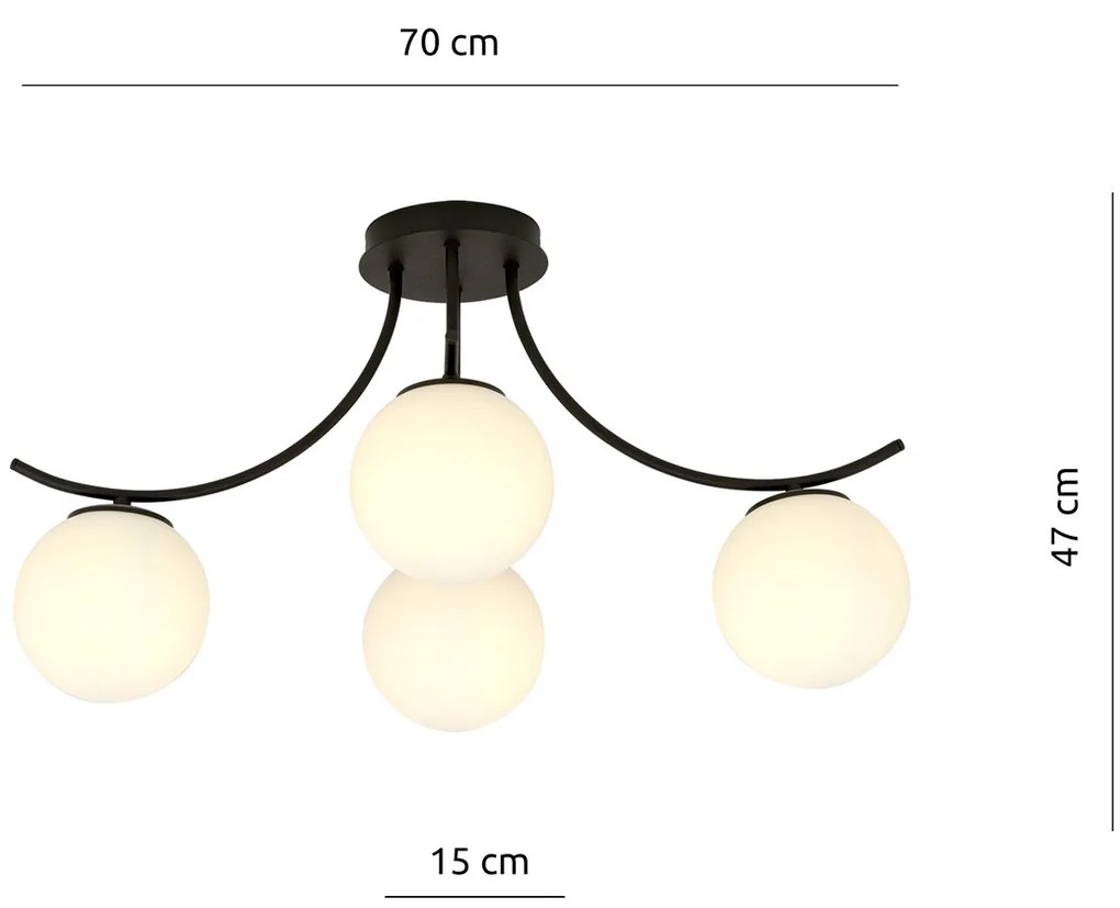 Plafoniera Moderna 4 Luci Coeo In Acciaio Nero E Diffusori In Vetro Opale