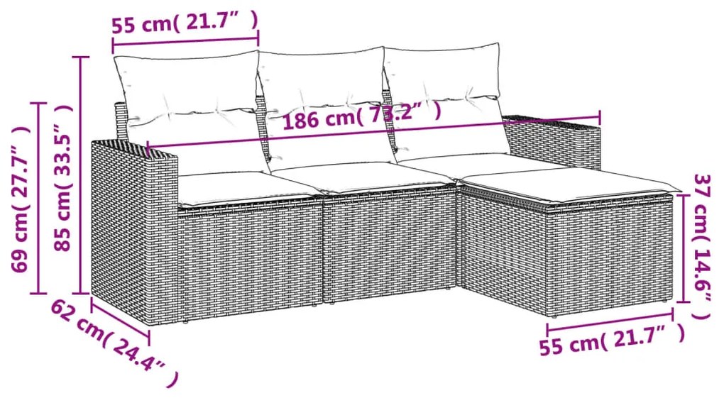 Set Divani da Giardino 4 pz con Cuscini Nero in Polyrattan