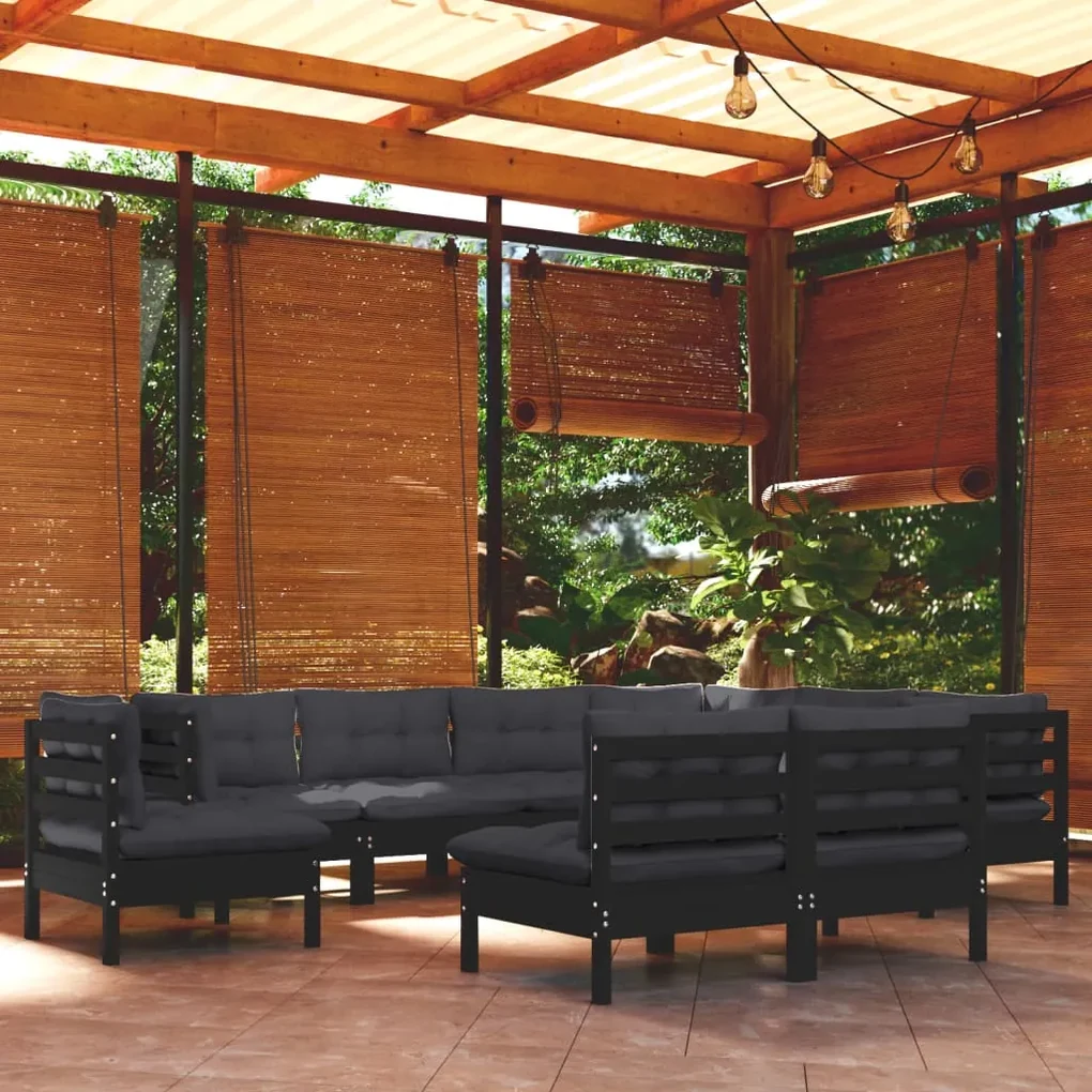 Set divani da giardino 9 pz con cuscini neri massello di pino