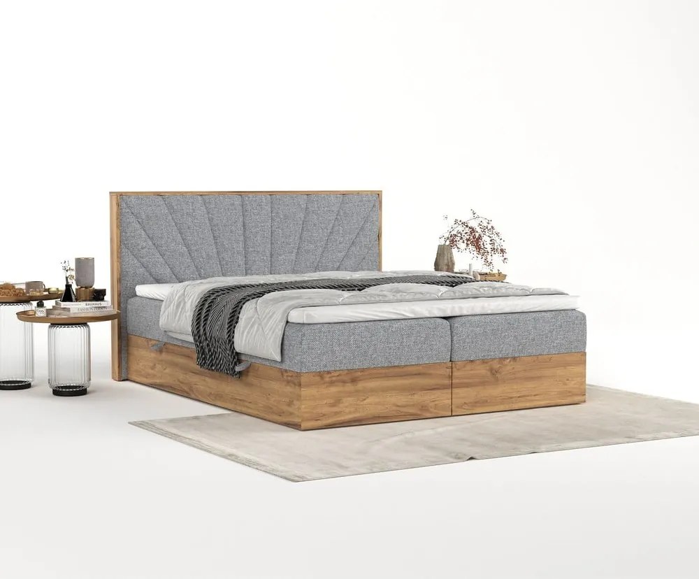 Letto boxspring con contenitore in grigio-naturale 140x200 cm Asahi - Maison de Rêve