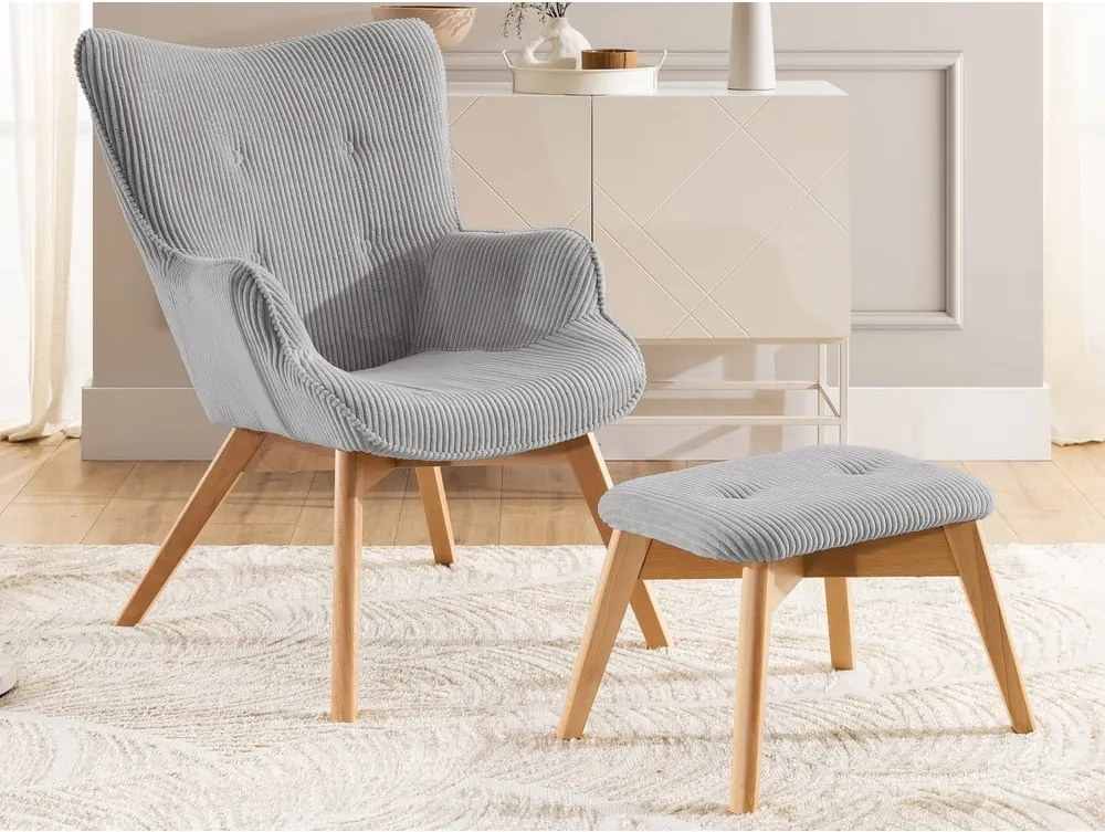 Poltrona con poggiapiedi grigia con rivestimento in velluto a coste Niko – Ropez