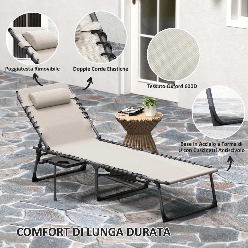 Sdraio da Giardino Pieghevole 60x190x31 cm Reclinabile a 5 Livelli con Tavolino Laterale e Tasca Crema...