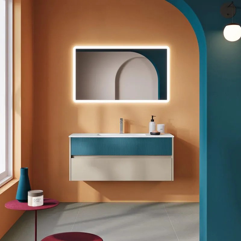 Mobile bagno sospeso con lavabo Niwa 2 cassetti per vasca centrale laccato opaco sabbia con vetro blu pacifico cannettato