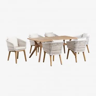 Set Tavolo Rettangolare In Legno Di Teak (180x90 Cm) Yolen E 6 Sedie Da Giardino Barker Gardenia Bianco - Sklum