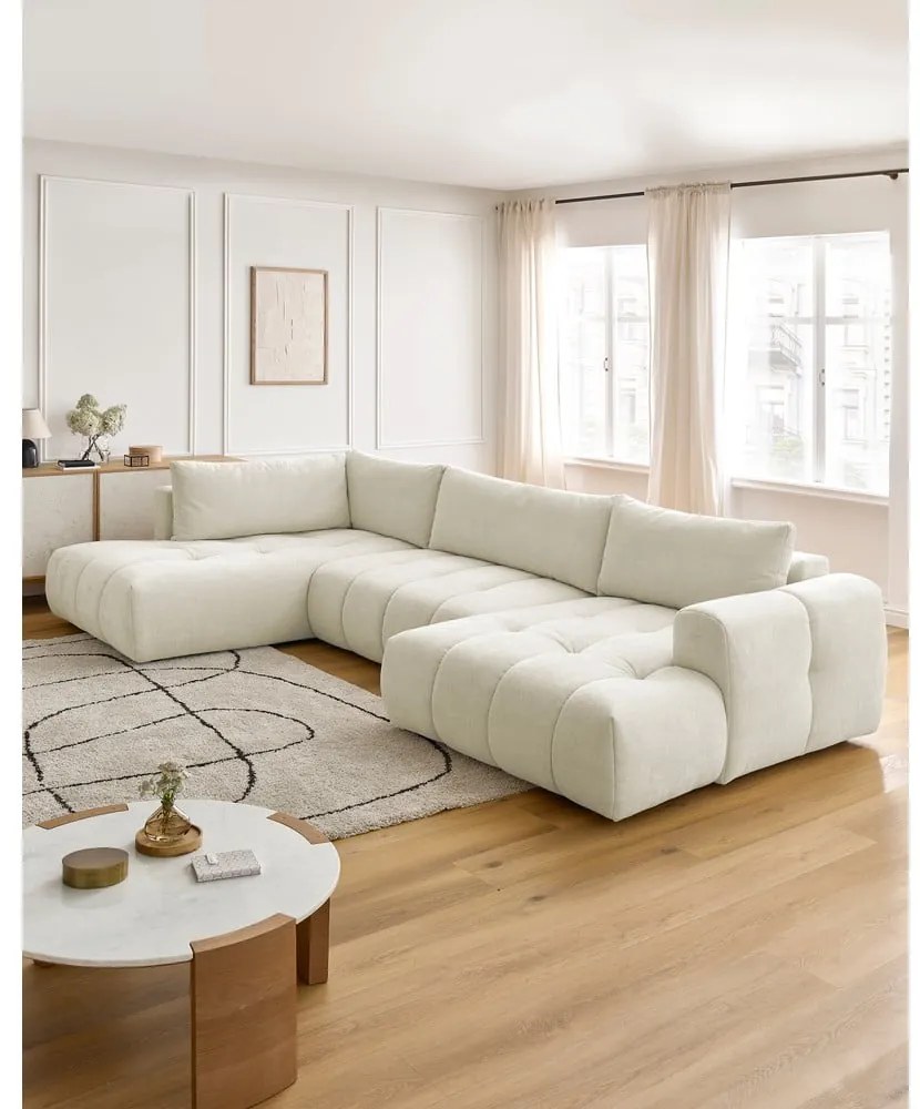 Divano angolare beige allungabile e con contenitore (penisola a sinistra/a U) Fuji – Bobochic Paris