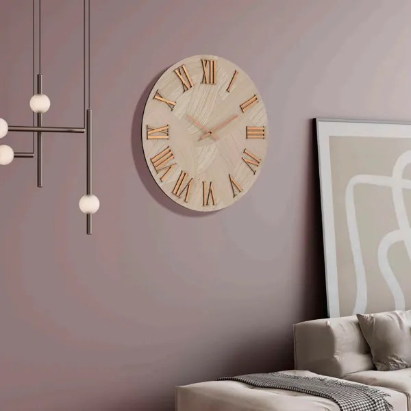 Orologio rotondo D40 cm in legno rivestito con parato e dettagli Rame ADAK