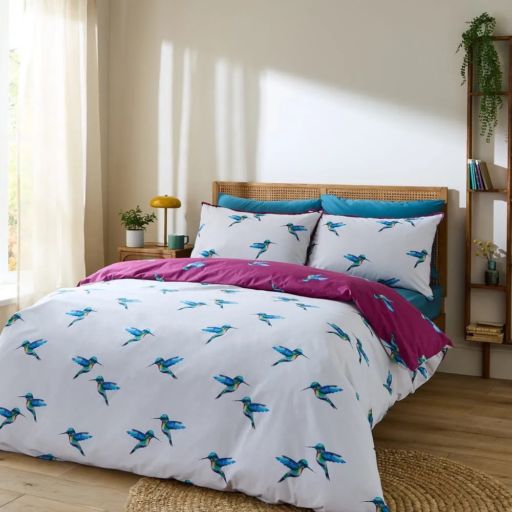 Set copripiumino e federa bianco e viola in cotone per letto matrimoniale 200x200 cm Hummingbird – Their Nibs