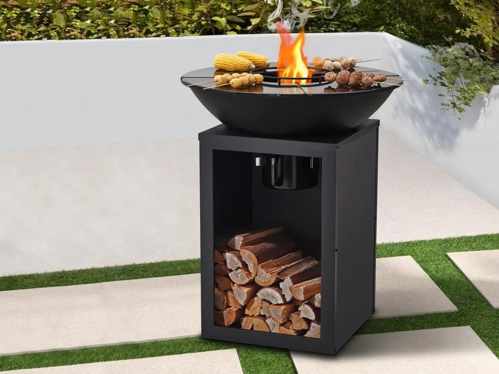 Barbecue plancha braciere a carbone e legna con contenitore 80 x 80 x 96 cm Nero - IGNOS