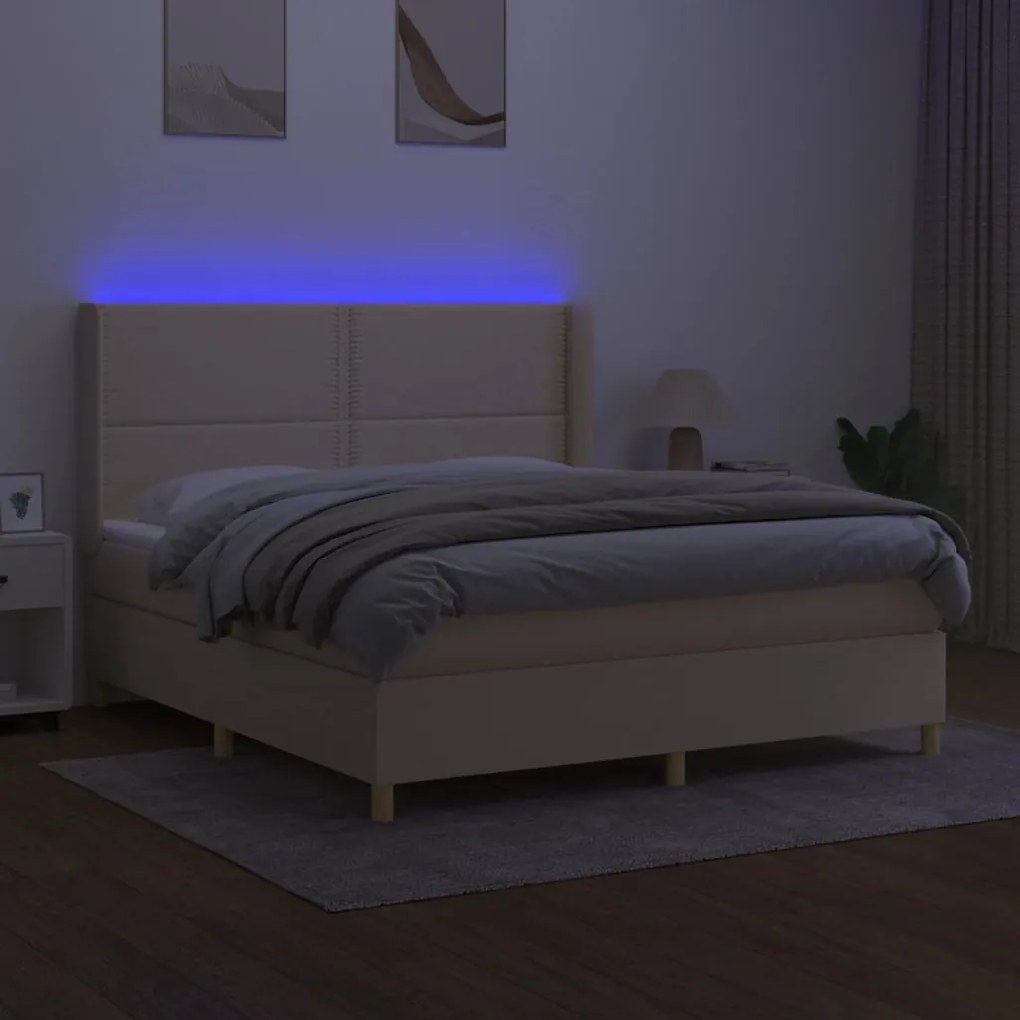 Letto a molle con materasso e led crema 160x200 cm in tessuto