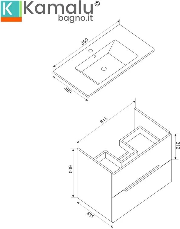 Kamalu - Mobile bagno nero grafite matt 85 cm con lavabo incasso | LAC-ARES-85