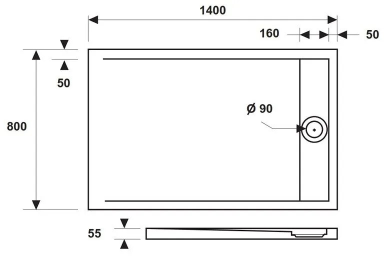 Kamalu - piatto doccia 80x140 acrilico con canalina in acciaio