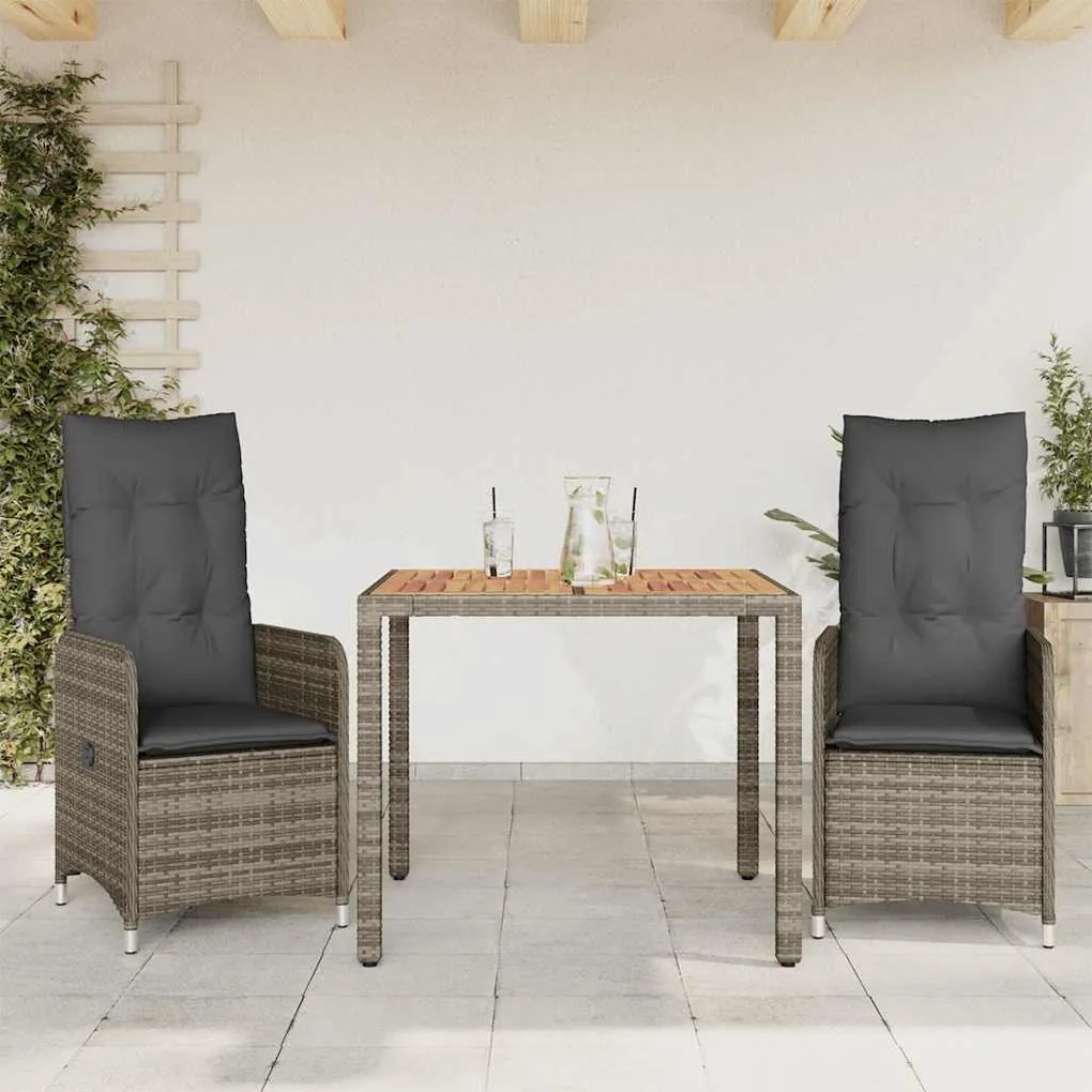 Set Bistrò Da Giardino 3 Pz Con Cuscini İn Polyrattan Grigio /
