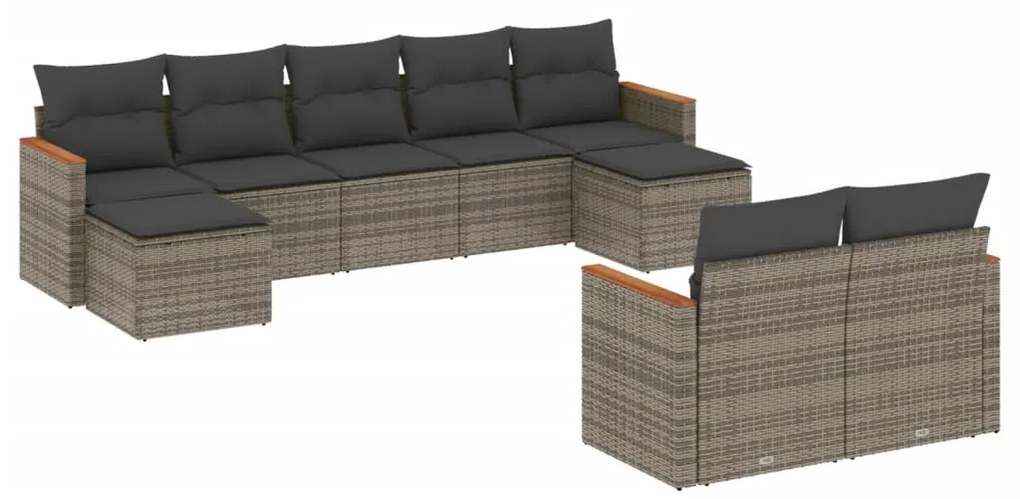 Set divano da giardino 9 pz con cuscini grigio in polyrattan