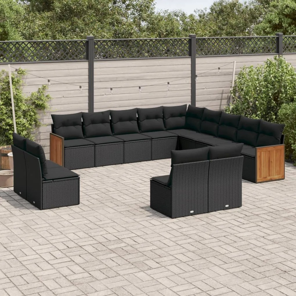 Set divani da giardino 13pz con cuscini nero in polyrattan