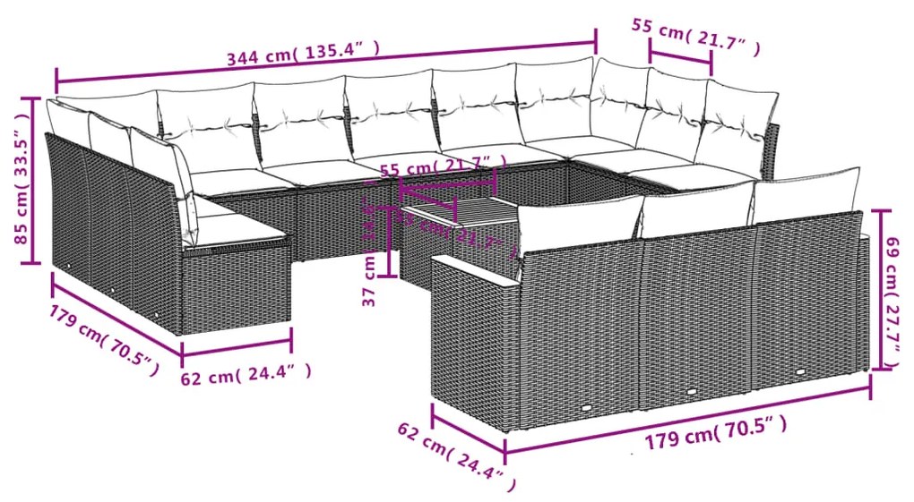 Set Divani da Giardino 14pz con Cuscini in Polyrattan Nero