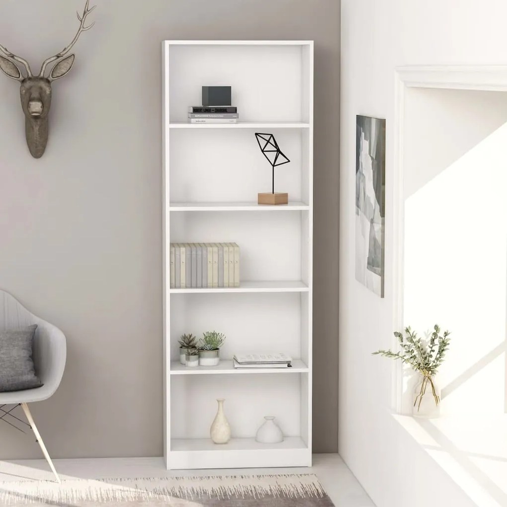 Libreria A 5 Ripiani Bianca 60x24x175 Cm İn Legno Multistrato /