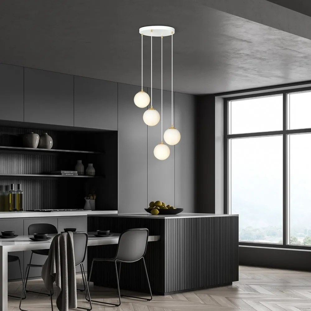 Lampadario a Sospensione in Acciaio e Vetro ROYAL 4 Bianco o Nero 4xE14 Colore del corpo Bianco