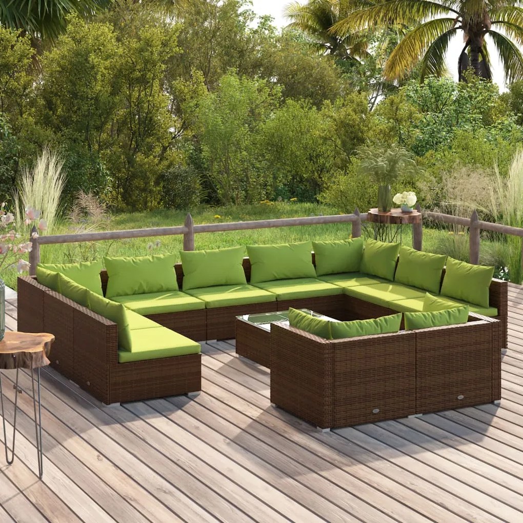 Set Divani da Giardino 12 pz con Cuscini Marrone in Polyrattan