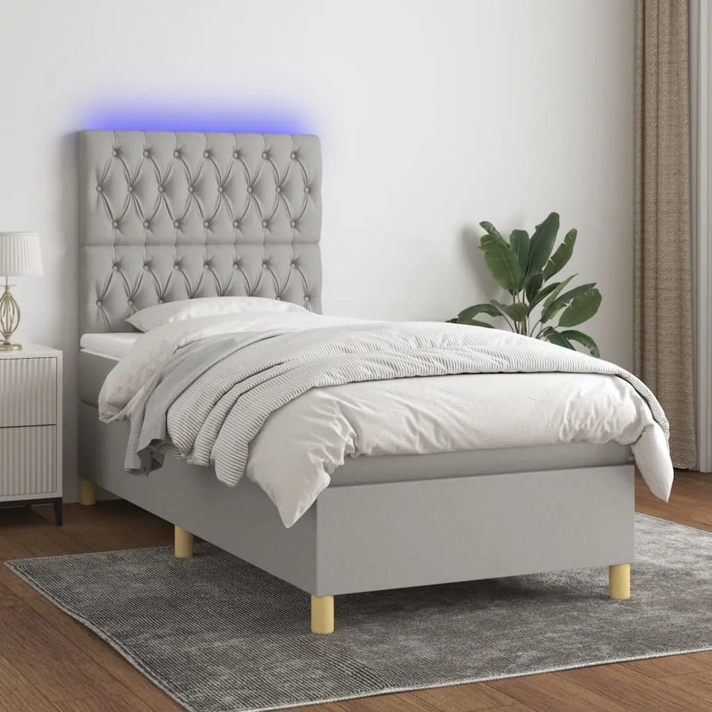 Letto A Molle Materasso E Led Grigio Chiaro 100x200 Cm Tessuto /