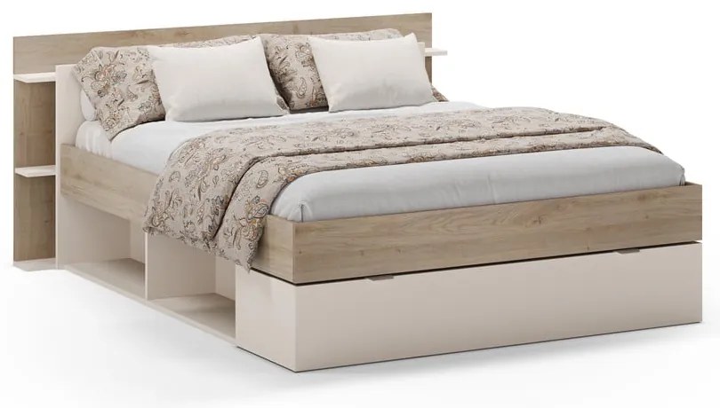 Letto matrimoniale effetto rovere con contenitore senza griglia in colore bianco e naturale 160x200 cm Albo - Marckeric