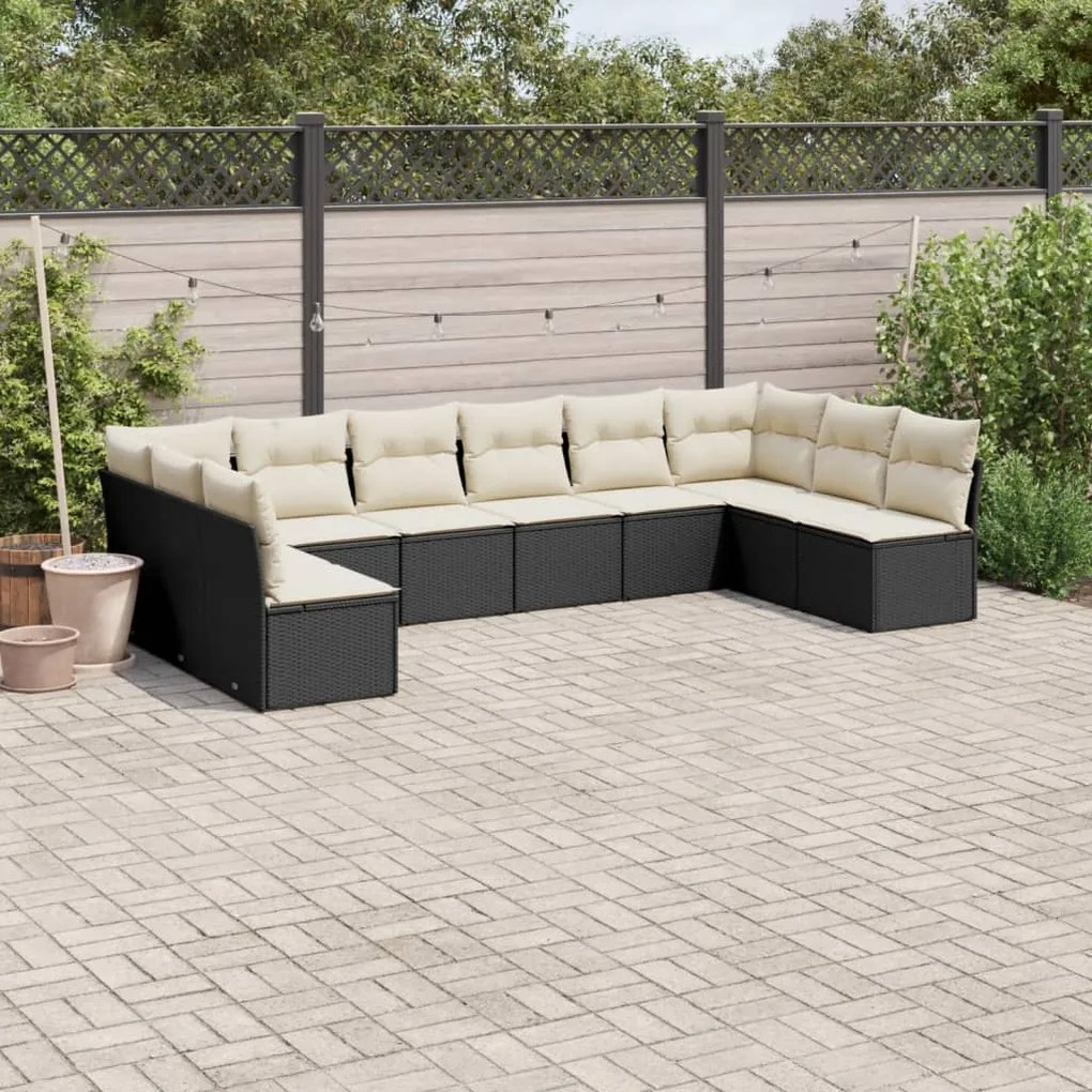 Set Divani da Giardino 10pz con Cuscini in Polyrattan Nero