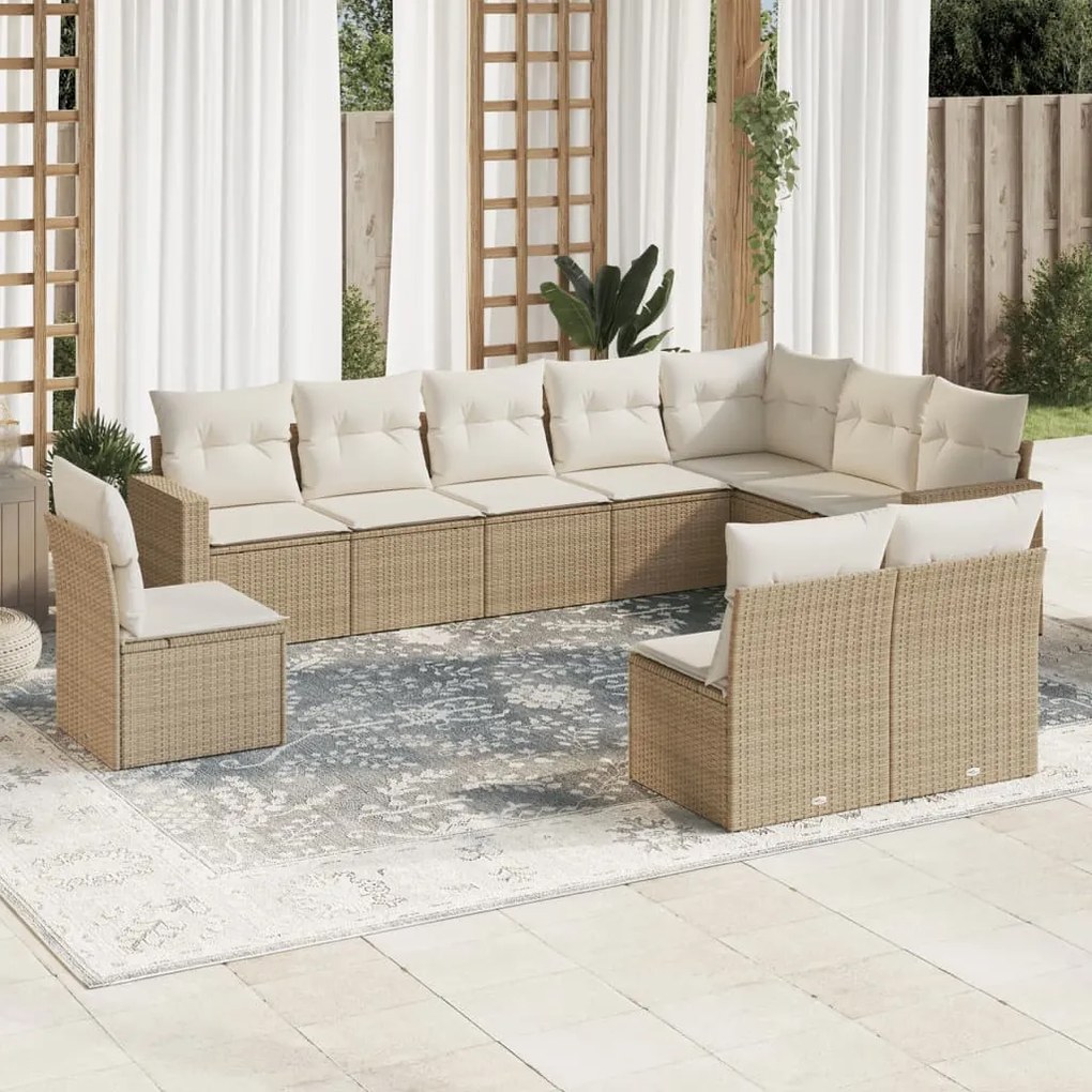 Set divano da giardino 10 pz con cuscini beige in polyrattan