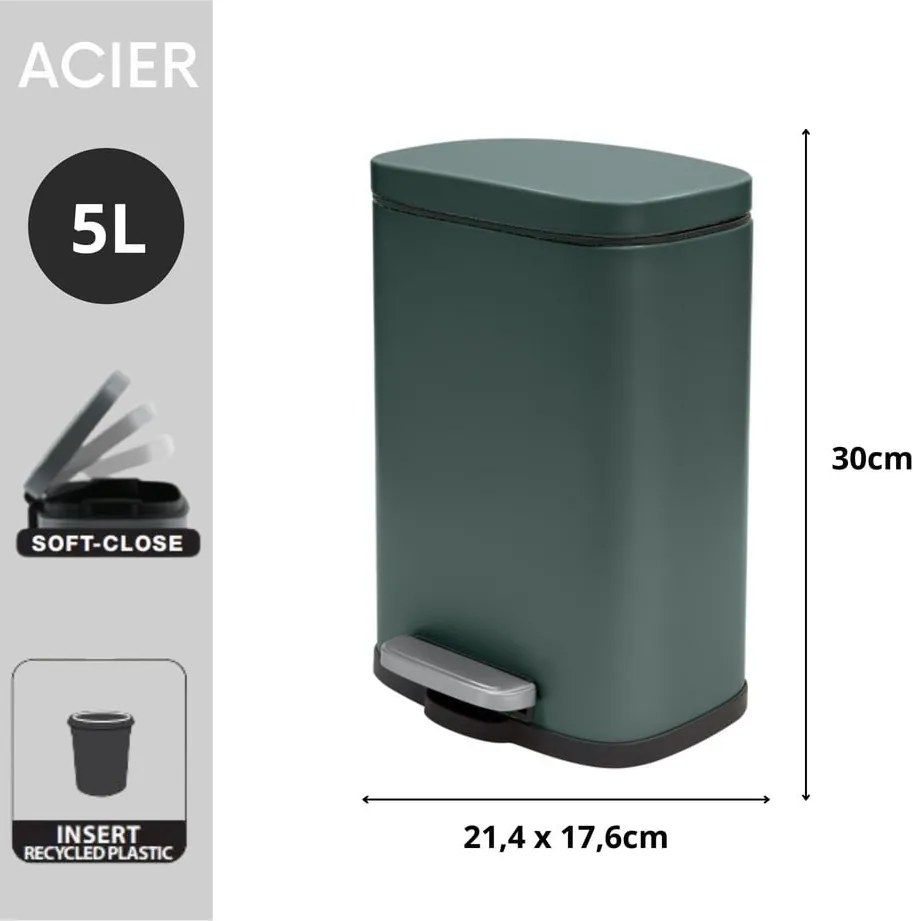 Cestino per la spazzatura verde scuro in acciaio con pedale 5 l Akira – Spirella