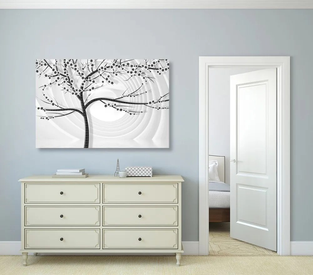 Stampa su tela – Albero moderno in bianco e nero su sfondo astratto