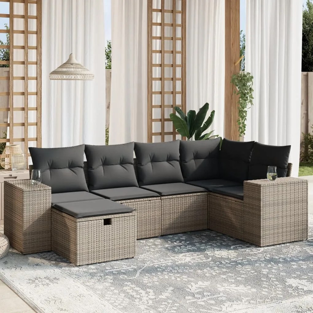 Set Divano da Giardino 6 pz con Cuscini Grigio in Polyrattan