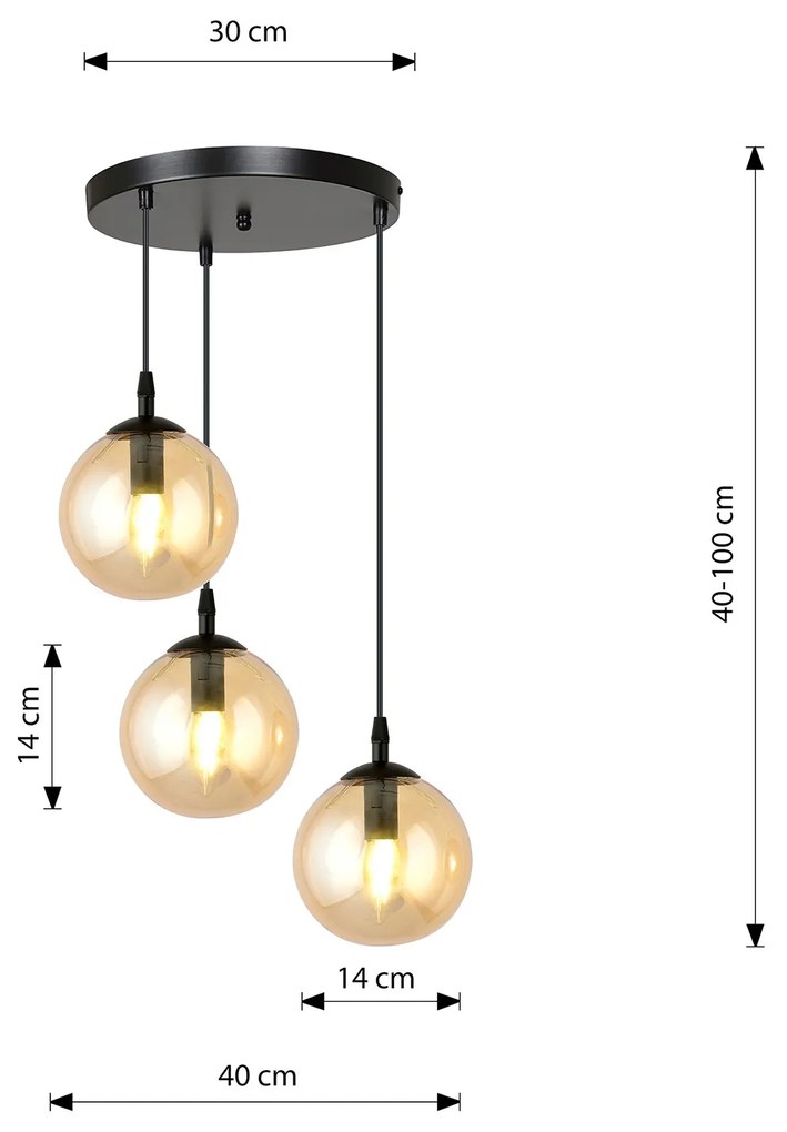 Sospensione 3 Luci Kali In Acciaio Nero Base Tonda E Sfere In Vetro Ambra